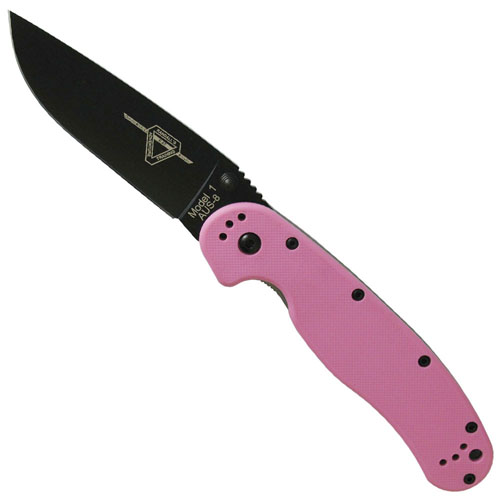 OKC RAT Model 1 Folder Black Plain Edge Pink Handle Folding Knife